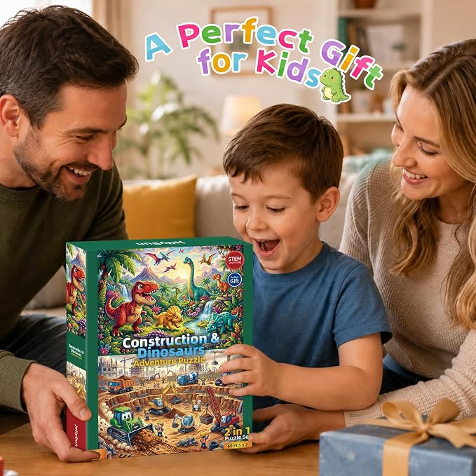 2-Pack Puzzles for Kids Ages 4-6, 60-Piece Puzzles for Kids Ages 6-8, Educational Puzzles for Boys and Girls (Dinosaurs & Construction) | 2-in-1 Dinosaur & Construction Set | Educational Puzzles for Ages 6-8, , Age-Appropriate Learning Toys, Ages 3+