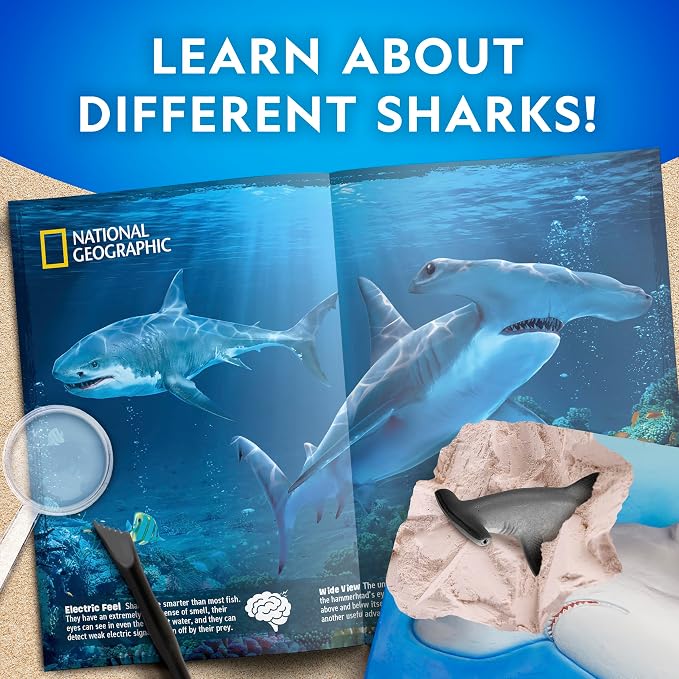 National Geographic Shark Dig Kit with 2 Shark Figures for Kids Ages 8-12 | 2 Shark Figures, Dig Brick, Excavation Tool, Shark Science Activity, Fossil Discovery, STEM Learning, Birthday Gift