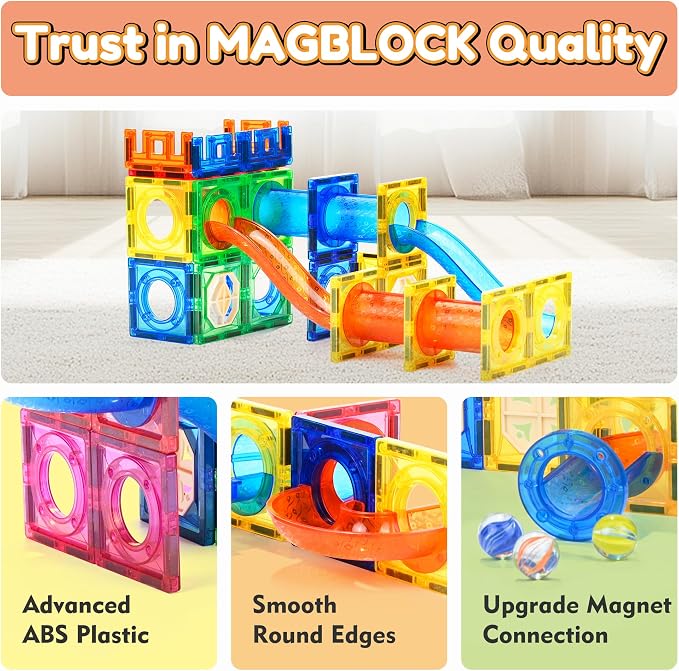 MAGBLOCK 85PCS Marble Run Magnetic Tiles Toy Building Blocks STEM Ages 5+ | Educational Brain Development Kit, Magnet Construction Toys for Boys Girls Kids Age 5 6 7+ Years Old