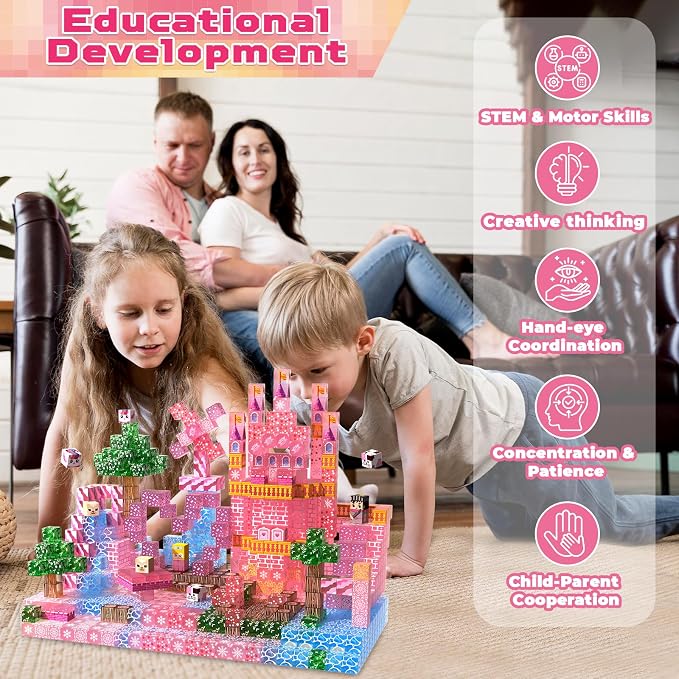 Magnetic Blocks - 100 PCS Transparent Magnetic Building Block for Kids, Pink Princess Castle Magnet Cubes Sets, Princess Toys for Girls Ages 3 4 5 6 7 8-12 Birthday Gifts