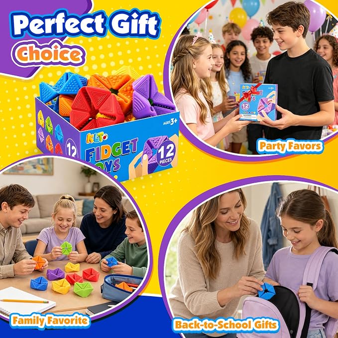 KLT Fidget Toys Bulk for Kids: 12 Pack Quiet Sensory Flip Toys with 4 Textures - Small Silicone Fidgets for Classroom Prize Box - Autism ADHD Calm Down Toys