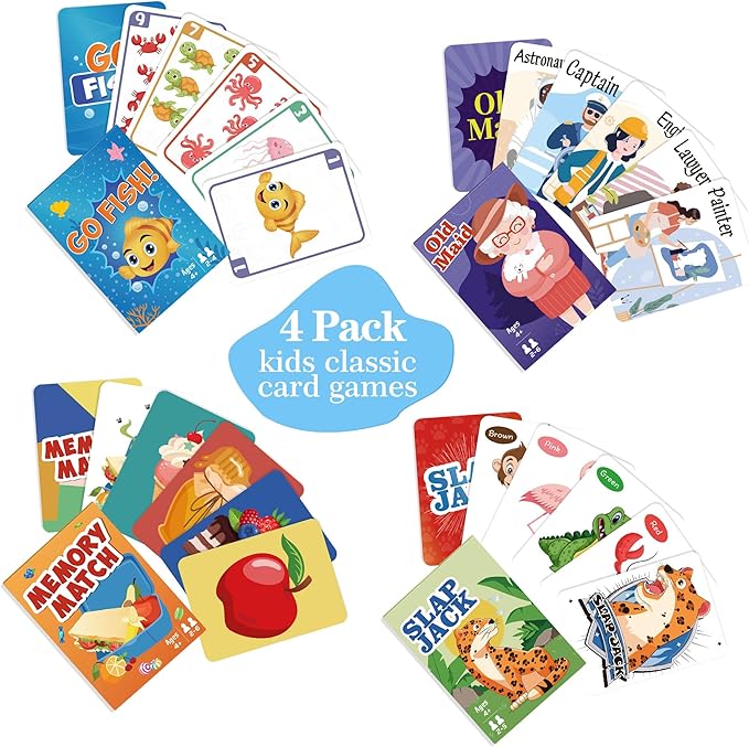 Card Games Go Fish,Old Maid,Slap Jack and Memory Match-4 Decks in 1 Pack,Classic Card Games for Kids Toddlers,Fun Kids Games for Family Party Game Night,Stocking Stuffers Gifts for Boys and Girls | Classic Card Games for Kids Toddlers, Fun Kids Games f...