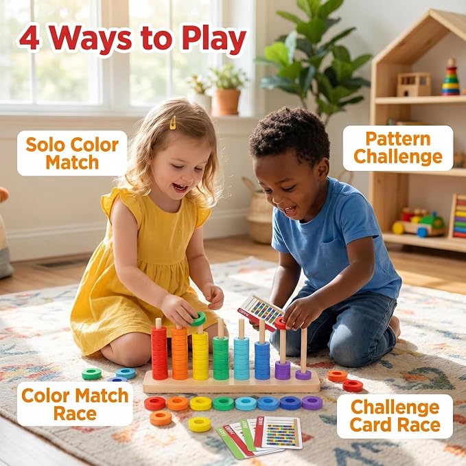 Color Sorting & Stacking Game with Challenge Cards for Kids, Wooden Color Matching Game with 40 Patterns(Easy & Hard), Fine Motor Skills Learning Montessori Toy, Preschool Educational Gift for Kids