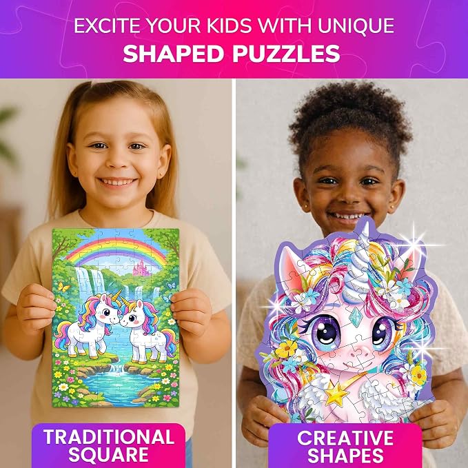 48 Piece Puzzles for Kids Ages 4-6 - 4 Jigsaw Kids Puzzles Ages 3-5 | Shimmery Princess, Mermaid, Butterfly and Unicorn Shaped Children's Game - Puzzles for Kids Ages 5-8 - Educational Toy Gift