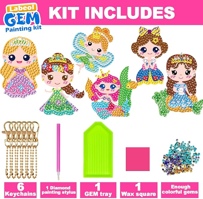Labeol Arts and Crafts for Kids - Creat Your Own GEM Keychains-5D Diamond Painting by Numbers GEM Kits for Kids Girls Toddler Age 6-7 6-8 10-12