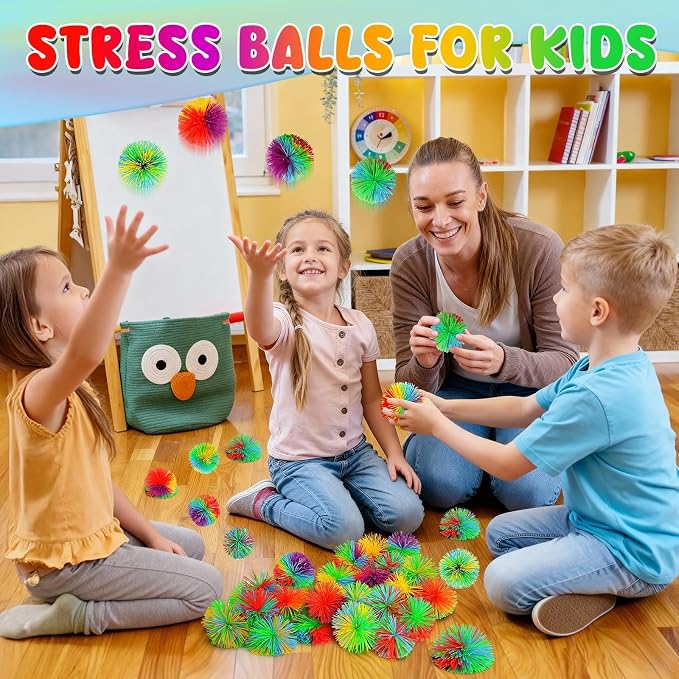 SHQDD 14 PCS Stringy Balls, Sensory Stringy Ball, 2.75 inch Soft Rainbow Pom Bouncy, Basket Stuffers Fillers, Monkey Pom Balls Fidget Toys Stress Ball, Party Favors Birthday Gifts (Multi-Color)