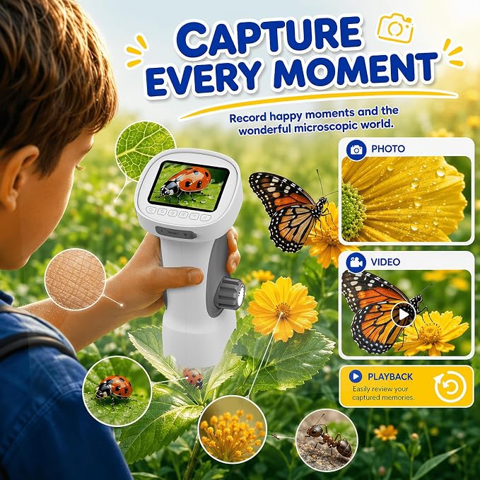 1000X Handheld Digital Microscope for Kids: Explorer 1080P Magnifying Glass | 2.4” IPS Portable Electronic STEM Outdoor Montessori Learning Toy, Birthday Gifts for 4 5 6 7 8-12 Year Old Boys Girls
