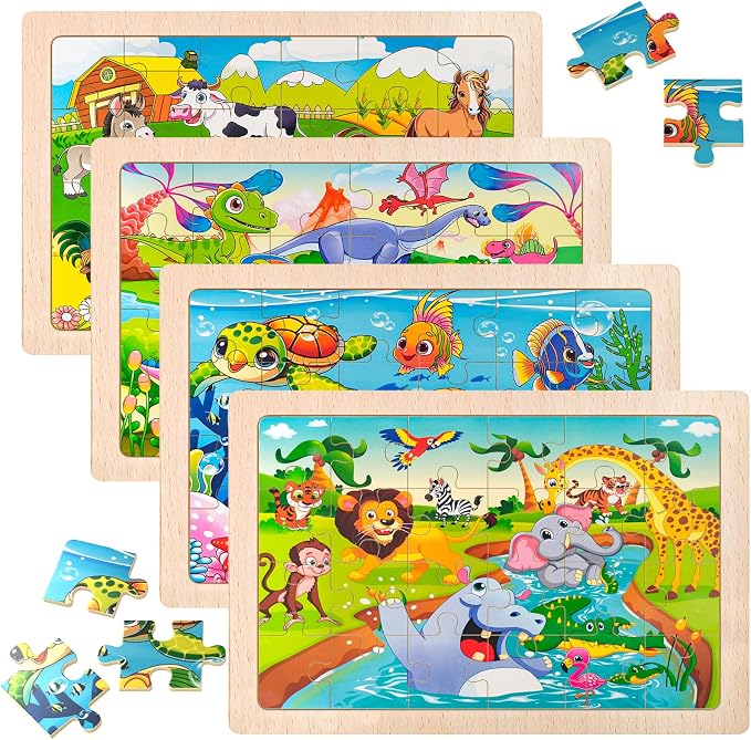 4 Pack Wooden Animal Jigsaw Puzzles for Kids Toddler Puzzles Gift | Sensory Toys, Preschool Educational Toys, Toddler Puzzles Gift Boys Girls