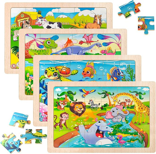 4 Pack Wooden Animal Jigsaw Puzzles for Kids Toddler Puzzles Gift | Sensory Toys, Preschool Educational Toys, Toddler Puzzles Gift Boys Girls