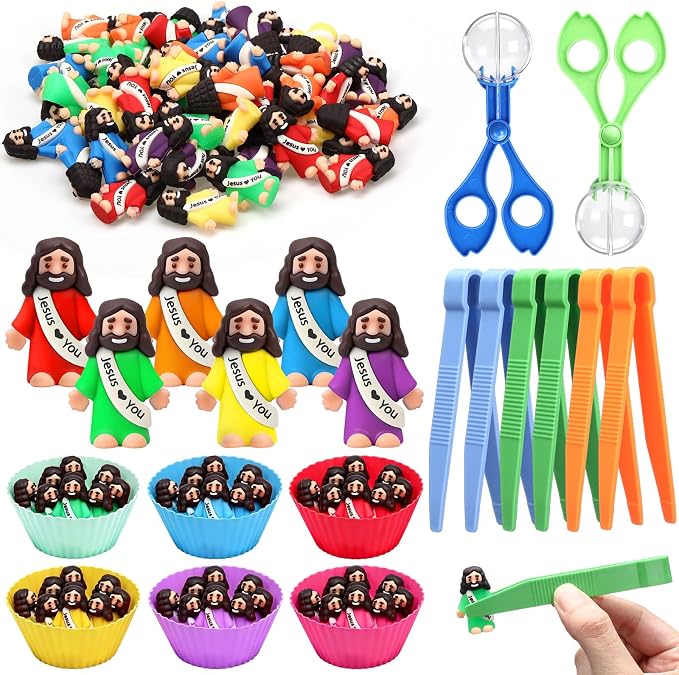 74 Pcs Counting Sorting Toys Fine Motor Skills Handy Scooper Set Sensory Bin Fillers Includes 60 Little Jesus Figures 6 Tweezers 2 Scissors Clips and 6 Colorful Cups for Early Education