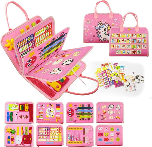 LearnToy Montessori Busy Board for Girls 3 4 5 Year | Sensory Toys for Toddlers 3-6, Ideal for Travel and Preschool - ABCs, 123s, Colors, Animals, Weather, Birthday Gifts-DE