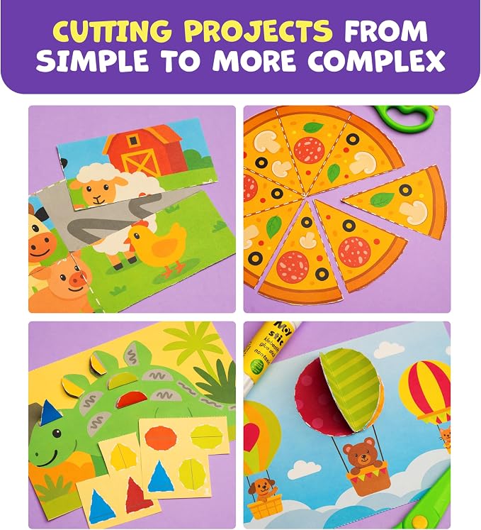 Snip & Shape Scissor Skills Activity Book with Toddler & Kids Scissors 3-5 | 30 cutting crafts for fine motor skills, 2x childrens safety scissors, kindergarten & preschool learning activity workbook