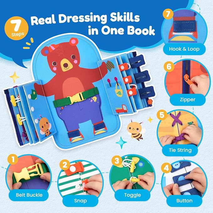 JoyCat Dressing Busy Book for Toddlers 2-4,Montessori Travel Toys | Seven real dressing activities provide buckle, zipper, button and tying practice in a portable travel busy book