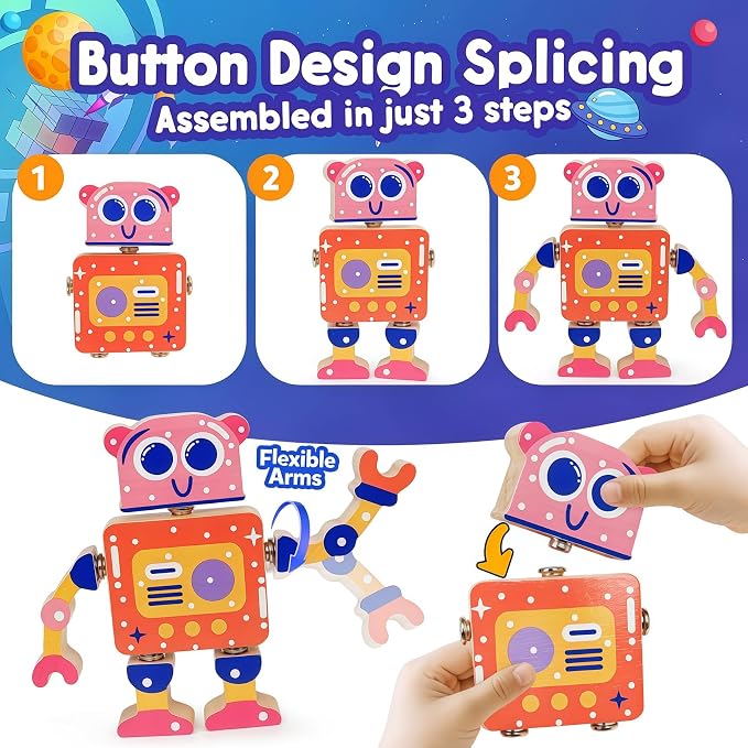 Robot Toys for Kids 3-5,Montessori Wooden Learning Toy with Take Apart Features Robots,STEM Educational Play Fine Motor Games for Boys Girls