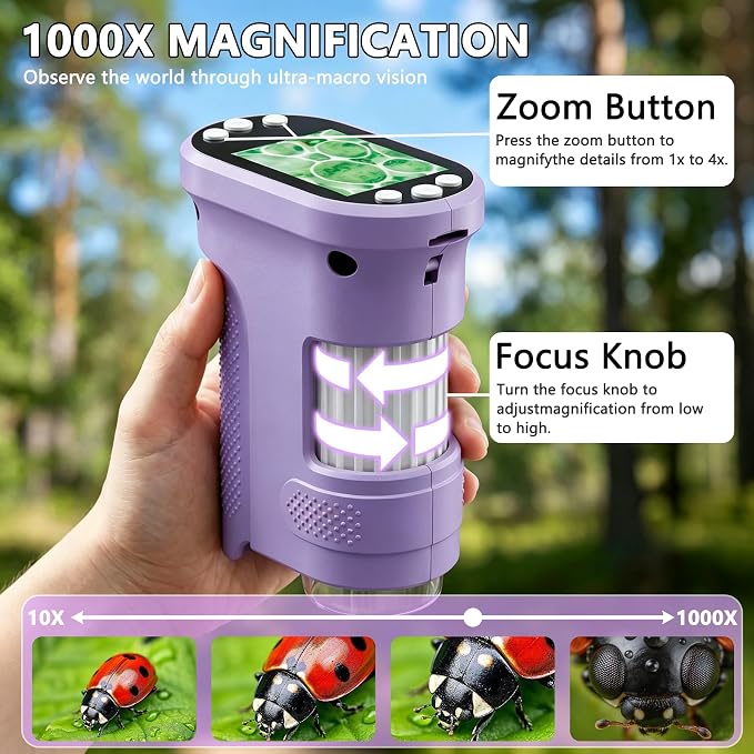 Kids Digital Microscope, 1000X Handheld Pocket Microscope STEM Science Toy | 2.0" IPS Screen, 8 LED Lights, Photo & Video Capture, Rechargeable Design, Educational STEM Gift for Kids Ages 3-12