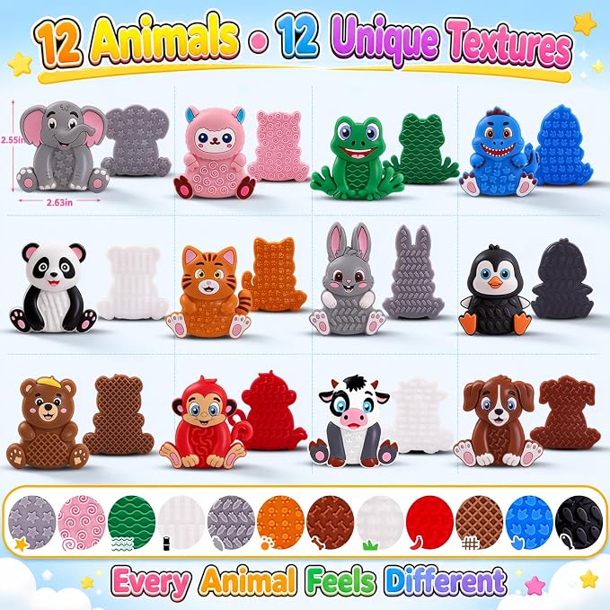 12 Pack Animal Sensory Toys for Kids Toddlers, Textured Silicone Fidget Toys, Quiet Travel Toys for Airplane, Car Rides, Preschool & Home Sensory Play, Classroom Calm Corner Toys