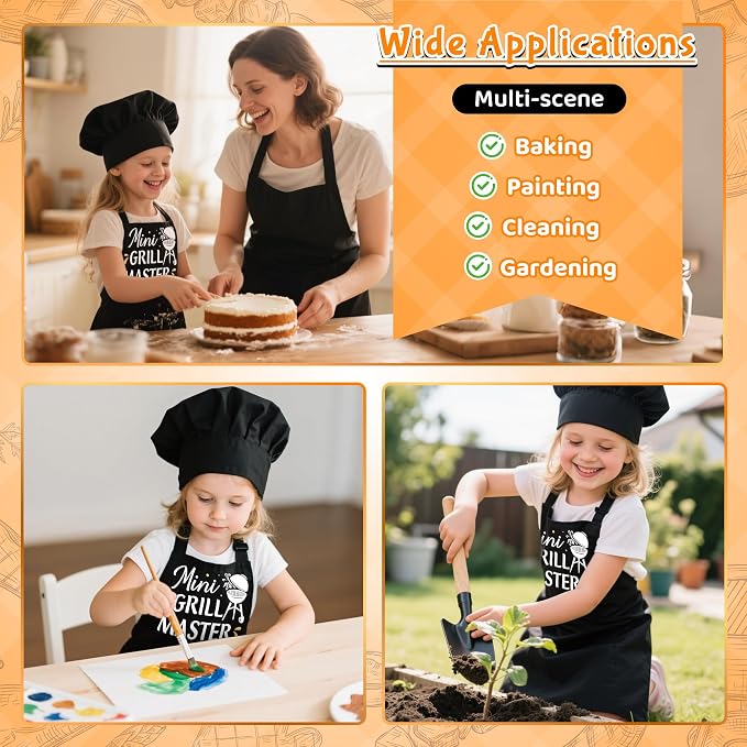 R HORSE Kid Apron and Chef Hat Set 2Pcs Adjustable Black Mini Grill Master Children Kitchen Apron, Dress up Role Play Chef Toy Funny Cooking Baking Painting and Training Kits for Kids Birthday Gift