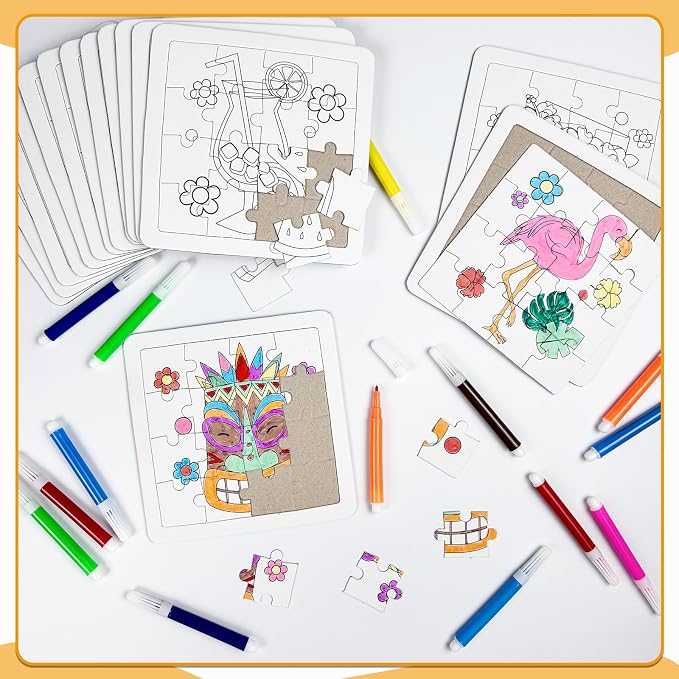 Cinrobiye 24 Pcs Hawaiian Luau Coloring Puzzle Craft Kit for Kids, DIY Aloha Tropical Jigsaw Puzzles Bulk with 12 Designs, Summer Beach Party Favors, Classroom Crafts, Birthday Rewards