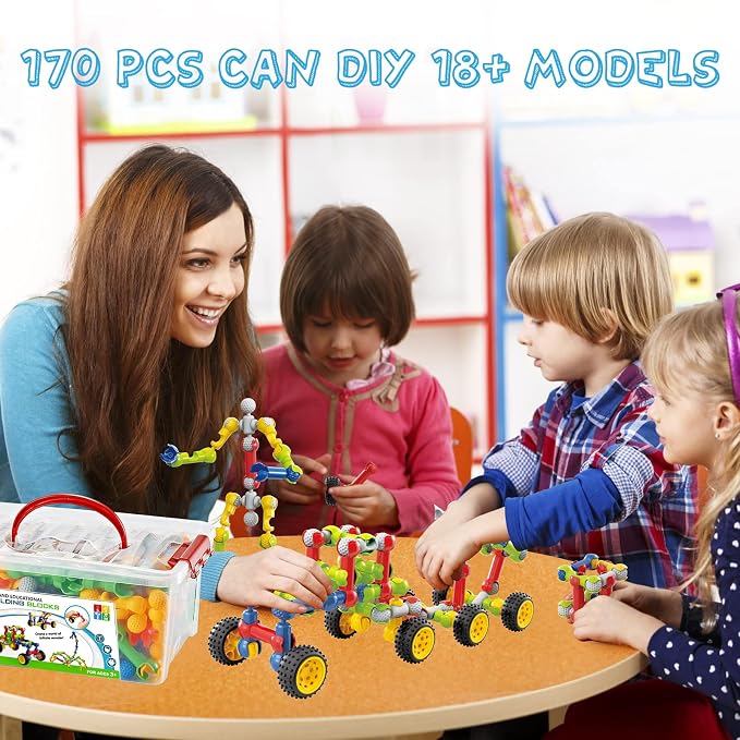 Building Toys for Kids Ages 4-8, STEM Toys for 3 4 5 6 7+ Year Old Boy Gift | 170 Pcs Building Blocks STEM Kits, Classroom Learning Activities with Storage Box, Birthday Gift Boy Toy Age 3-5 4-6 6-8 8-10
