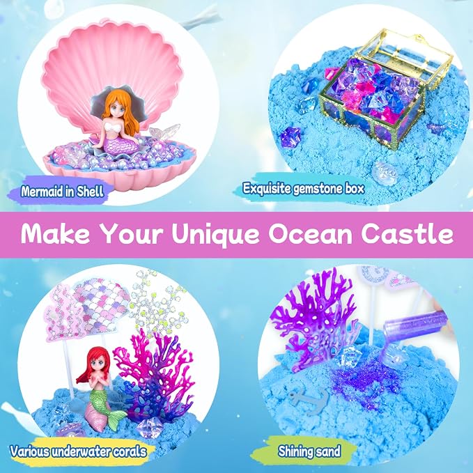 Mermaid Sensory Bin, Sandbox Play Sand Art Kit for Girls Boys 3 4 5 6 7 8 | Sensory Bin with Sandbox & Accessories & Tools & Colorful Sea Shell Gems Toys Set, Indoor Outdoor Pretend Play Beach Toy