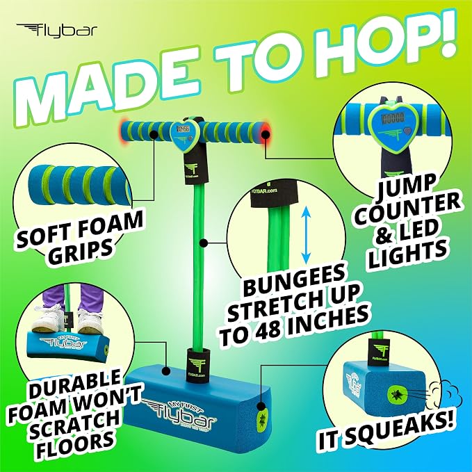 Flybar My First Foam Pogo Jumper for Kids Fun and Safe Pogo Stick for Toddlers, Durable Foam and Bungee Jumper for Ages 3 and up, Supports up to 250lbs (Blue LED)