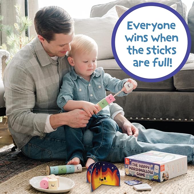 Peaceable Kingdom Happy Marshmallow Toddler Game | A fast, replayable board game. Includes 2 marshmallow roasting sticks and 12 marshmallows. Ages 2+.