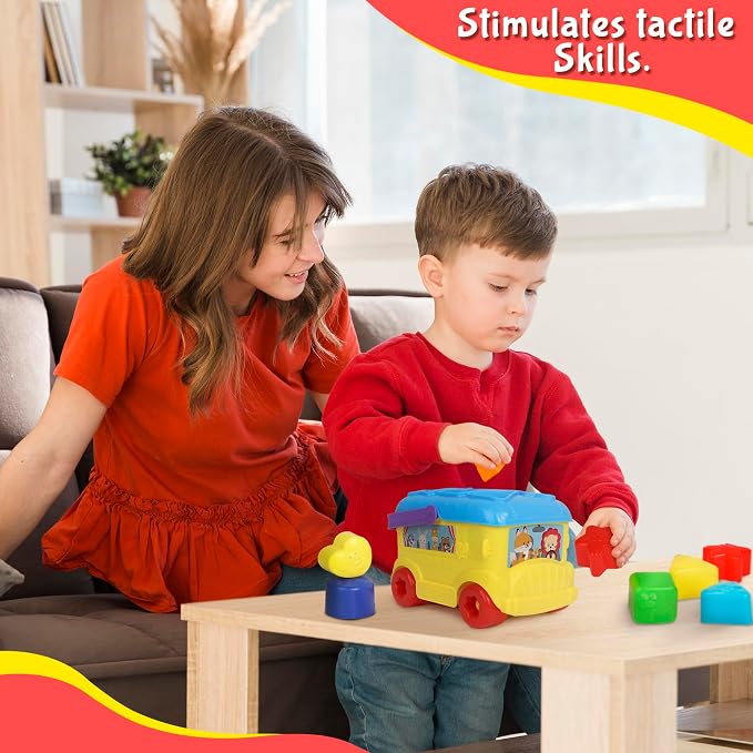 Bus Shape Sorter Toy - Kids Block Sorter with 16 Colorful Shapes - Sorting Toys for Toddlers 1-3 - Creative Play Learning Skills Development