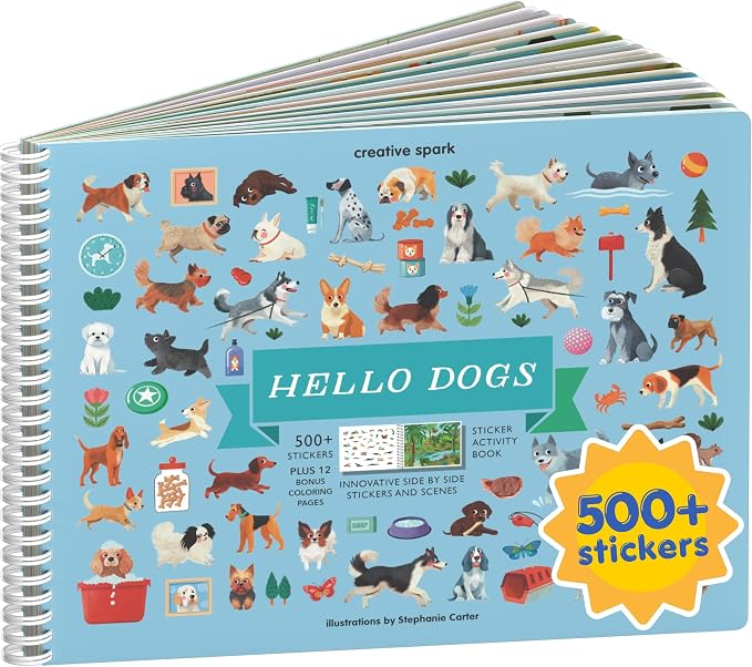Cupkin Hello Dogs Coloring & Sticker Activity Book | 500+ Stickers | Spiral-bound kids craft format with 12 scenes, 12 art pages, side-by-side viewing, and an easy-peel design for ages 2–8