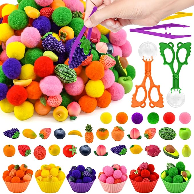 140 Pcs Fruits Sensory Bin Items Summer Fruits Farm Counting Sorting Sensory Bin Filler Fine Motor Famer Vegetable Counts for Spring Summer Sorting Counting