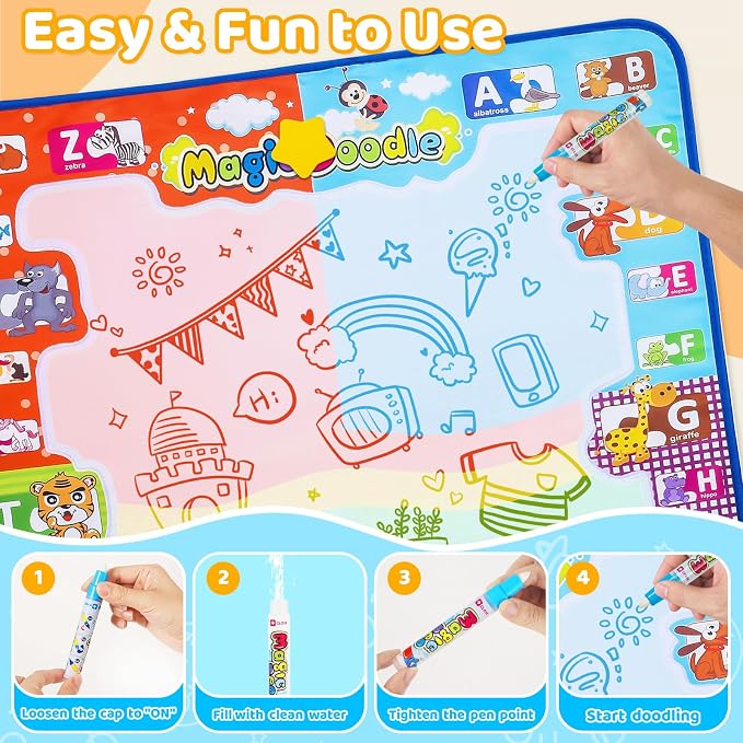 KIZZYEA Toys for 2 3 4 5 6+ Years Old Boys Girls, Water Doodle Mat for Kids, Large Coloring Painting Writing Magic Mat with Neon Colors, Educational Toys Christmas Birthday Gifts for Age 2-4, 3-5