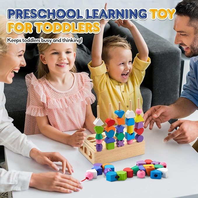 3 in 1 Montessori Wooden Toys, Lacing Beads & Stacking Blocks & Shape Sorter Sequencing Toy Set, STEM Preschool Educational Learning Fine Motor Skills Toys for Toddlers 3 4 5 Years Gifts