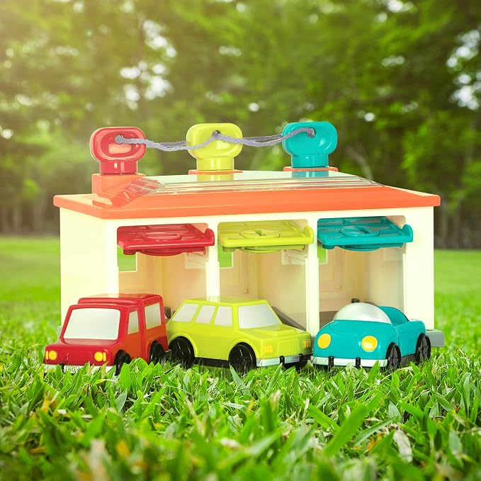Battat 3-Car Garage, Color Sorting Push-and-Go Playset, Toddler | playset with matching keys, transparent roof, take-along handle, color and shape matching, Toddler, 2+ Years