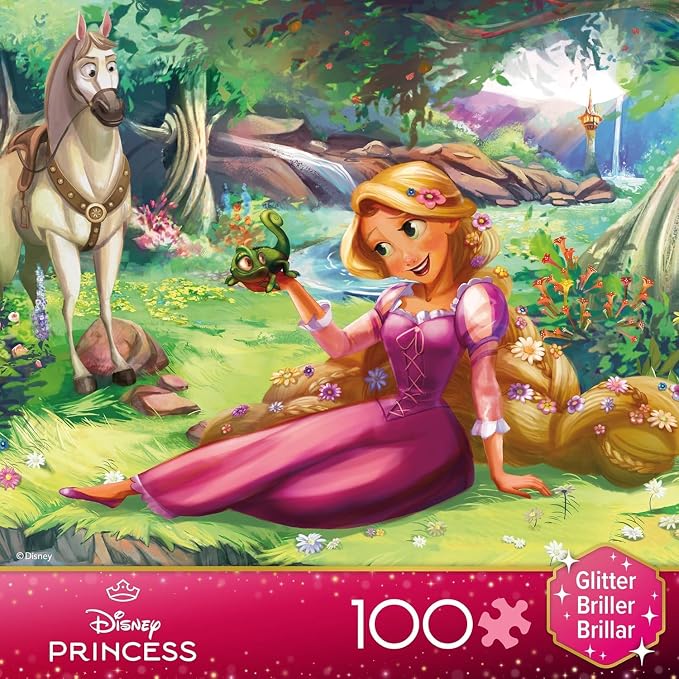 Ceaco - Disney Rapunzel and Pascal - 100 Piece Puzzle for Kids Ages 6-8 | Officially Licensed, Glitter Accents, Made in USA, Finished Size 24 x 18 in, Kids' Favorite Characters, Giftable