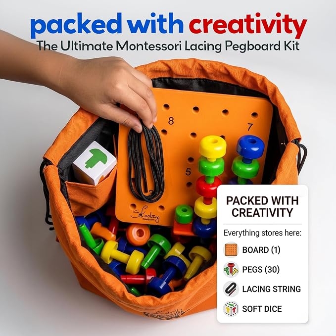 Montessori Sensory Pegboard, 33 Pc, STEM Learning, Ages 2+ | Occupational Therapy STEM Learning Educational Toys for Kids 2+ Includes Foam Board, Lacing String, Dice, Storage Bag, eBook