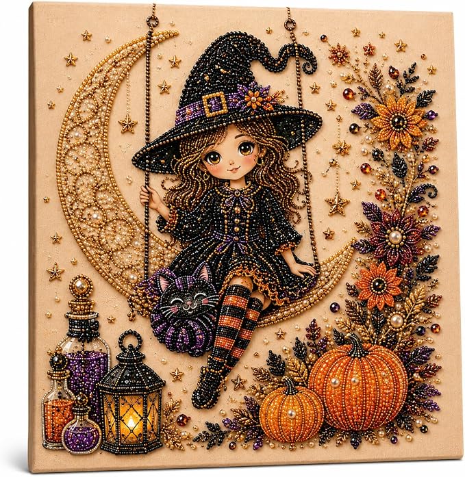 Halloween Pearl Art Kit for Adults, DIY Fall Craft (Witch) | Create textured Halloween decor through a screen-free, beginner-friendly craft activity.