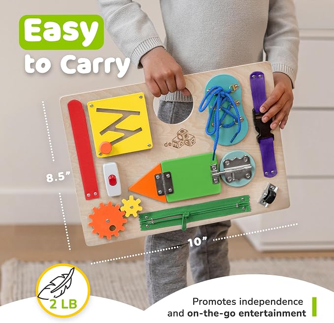 Montessori Busy Board, Premium Wooden Sensory Toy | Busy Board for 3 Year Old with 10 Educational Activities for Fine Motor Skills, Travel Toy