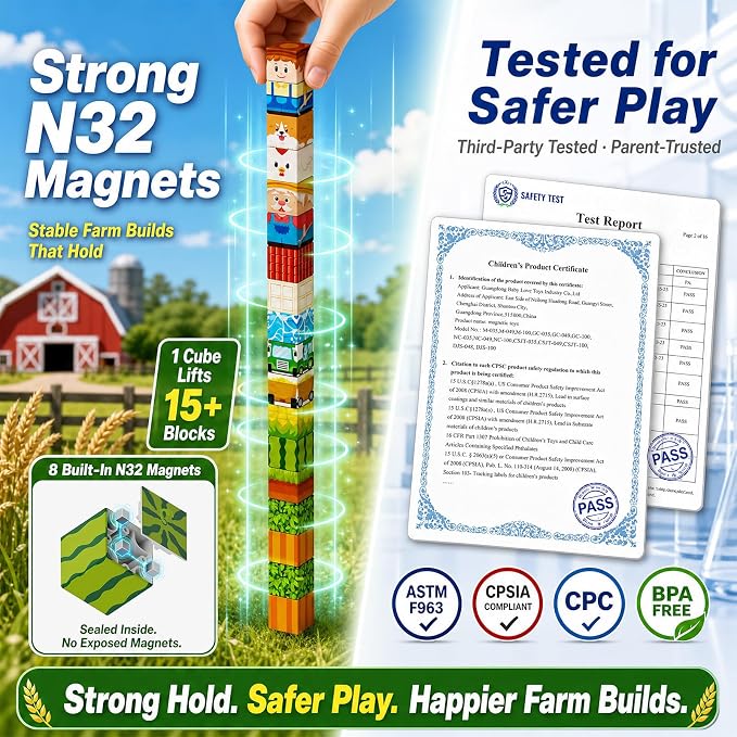 Magnetic Cubes Farm Travel for Kids: Hold 15 Blocks, 60s Storage | 100 PCS Animal Building Set, N32 Magnets & Portable Tin Case – Screen-Free Car, Plane & Road Trip Toy for 2 Toddlers Ages 3-8