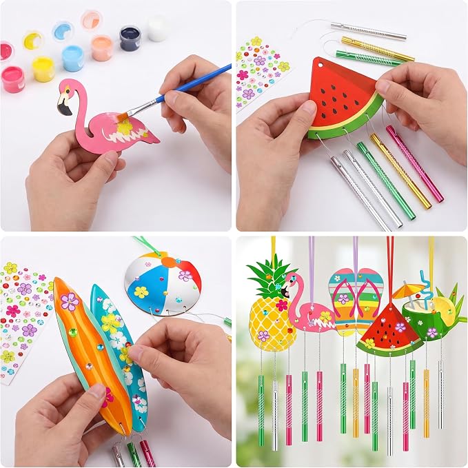 30 Pack Summer Crafts for Kids DIY Wind Chime Kit Wood Paint | Beach Shapes Pineapple Flamingo Ice Cream Watermelon, Paint Brushes Stickers Included, Classroom Birthday Party Activities