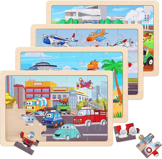 Wooden Educational Jigsaw Puzzles for Preschool Kids Ages 3-5, 4-Pack with 20 Pieces Transportation Wood Jigsaw Puzzles Set, Preschool Gifts for Boys Girls Ages 3 4 5 6