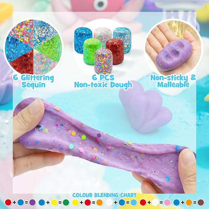 SIMPLIPLAY Mermaid Sensory Kit, 18oz 6 Pcs Glitter Doughs | Non-Toxic Play Dough Set with Accessories(150 Pcs+), Sensory Dough Kit for Kids 3 4 5 6 Year Old with Cutter, Mermaid Toys