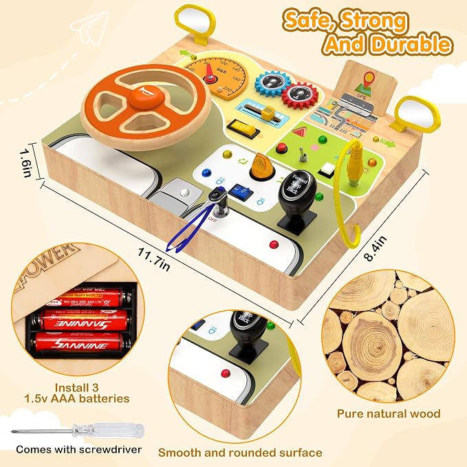 Montessori Wooden Busy Board, Toddler Sensory Travel Toy with Light Switch | Educational Learning Activity Toy, Fine Motor Skills Game for Kids, Gifts for Toddlers Age 3 4 5 6+ Years Old