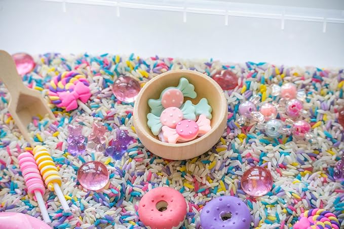 Sweets Shop Sensory Bin Kit for Kids | Bright Rainbow Rice, Candy Erasers, Donut Containers & Wooden Tools – Includes Clear Storage Bin
