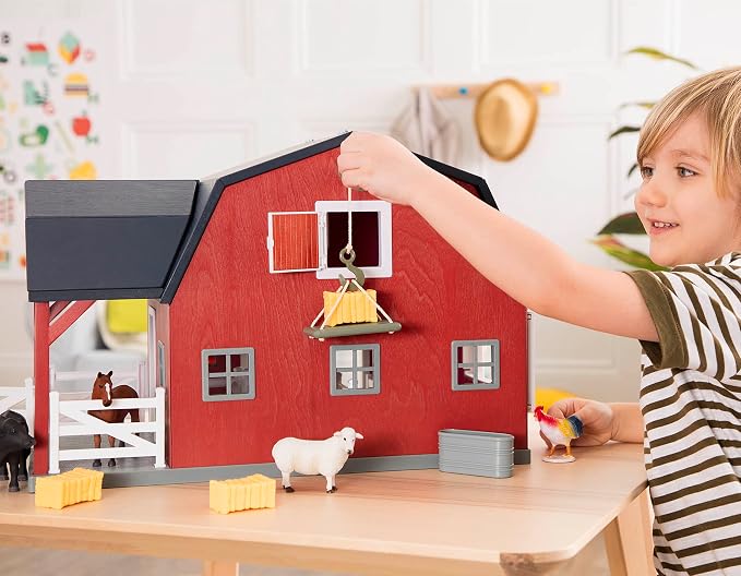 Terra by Battat – 20 Pieces Wooden Animal Barn Toy Set – Farm Animals & Play Fence – Pretend Play for Toddlers & 3+ Years – Educational Toys – Farmhouse Playset | Wooden farm toy set with 1 barn, 10 fences, ladder, 4 hay bales, 2 troughs, pulley tray a...