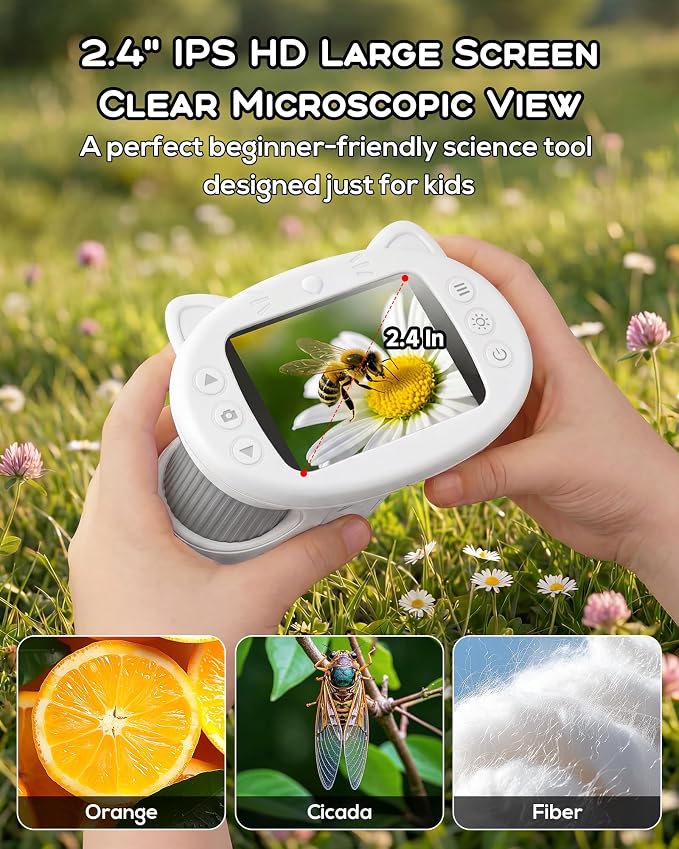 Kids Microscope 1000X Magnification, 4K Digital Handheld Pocket Microscope with 2.4", Rechargeable STEM Learning Science Kit Outdoor Exploration Toy Gift for Children Age 4-12,White