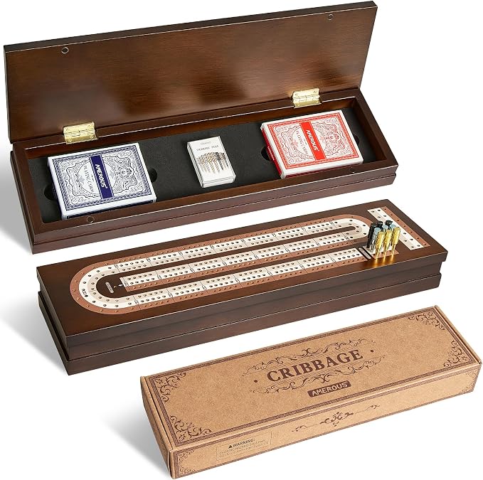 AMEROUS Wooden Cribbage Board Game Set with Magnetic Lock - Metal Pegs - 2 Playing Cards - Continuous 3 Track Board - Larger Storage Area, Travel Portable Cribbage Game Sets for Family