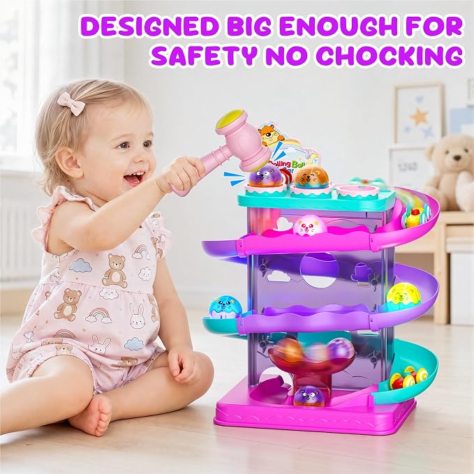 2-in-1 Ball Drop & Car Ramp Race Track Montessori Toy for Toddlers Ages 1-5 | Hammer Rolling Ball, Launch and Race Car-Cause and Effect Sensory STEM Learning Toys for 1-5 Year Old Boys & Girls