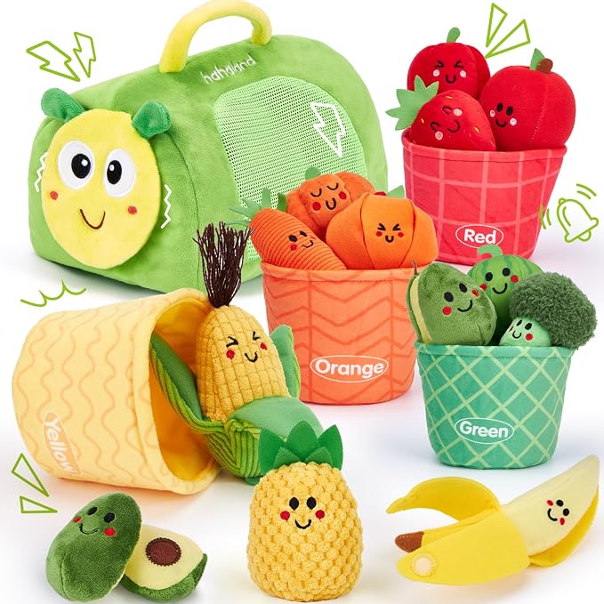 hahaland Montessori Toys for 1 Year Old - Baby Fruit Vegetable 6-12 Months | 17 PCs Sensory Toys Color Sorting Plush Play Food with Caterpillar Bag, 9 10 12 Month Old Toy 1st One Year Old Birthday Gifts