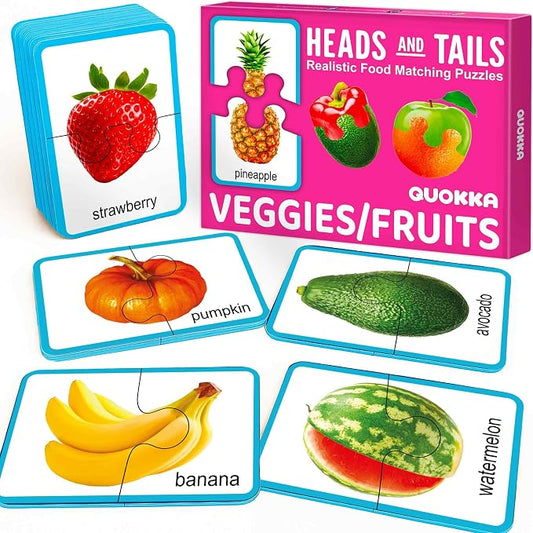 QUOKKA Jigsaw Toddler Puzzles Ages 2-4 – 100% Self-Correcting 16 Realistic Matching Fruits Veggies – Educational Toddler Puzzles Ages 1-3 with 32 Pieces – Memory Matching Games