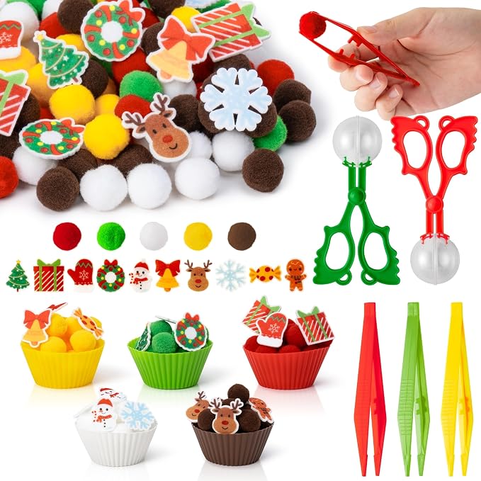 Christmas Sensory Bin Fillers, 266Pcs Fine Motor Toys | Counting Sorting Toys, Christmas Gift for Kids, Preschool Education Activities, Felt Xmas Tree Snowman, Pom Poms Cup Clip