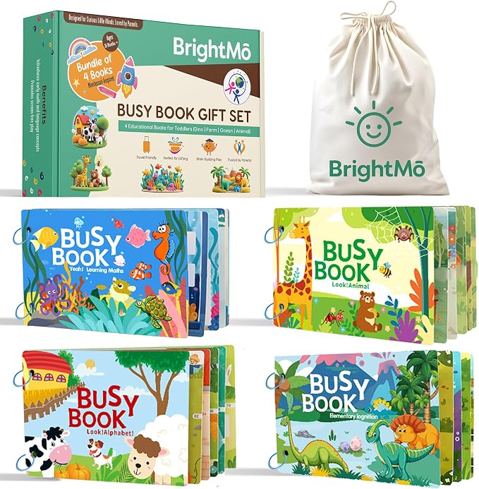 Montessori Busy Book for Toddlers 3+ – 4 Laminated Preschool Activity Books with Velcro Pieces, Dinosaur Farm Ocean Animal Themes, Screen-Free Travel Quiet Book Set